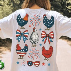 Coquette poulet patriotique du 4 juillet TRANSFERTS DTF prêt à presser, transfert à chaud, design rétro rouge blanc et bleu, design de chemise de poulet