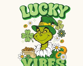 St. Patrick's Day Lucky Vibes green guy DTF transfer, ready to press