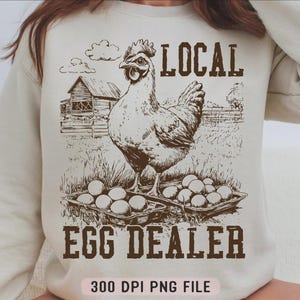 Marchand d'oeufs local drôle de poulet DTF TRANSFERTS prêt à presser le transfert de chaleur, conception mignonne de chemise de poule de poulet, conception de chemise d'animaux de ferme