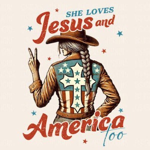 Elle aime Jésus et l'Amérique à une cow-girl TRANSFERT DTF prêt à presser le 4 juillet, transfert dtf patriotique, design de t-shirt du 4 juillet