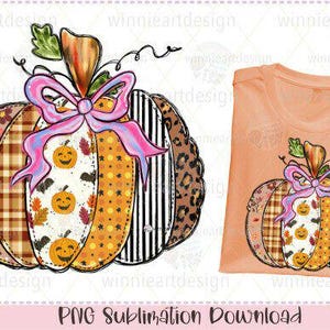May include: A colorful pumpkin design with a pink bow, various patterns, and smiling jack-o'-lantern faces. The design is on a peach-colored t-shirt and a larger pumpkin illustration. The image is a PNG sublimation download.