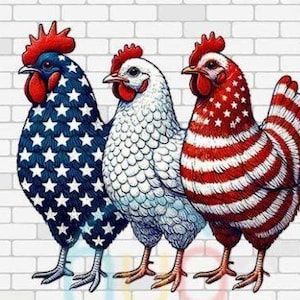 Transferencia de calor lista para imprimir con pollos patrióticos (DTF), diseño de camiseta divertido para el 4 de julio.