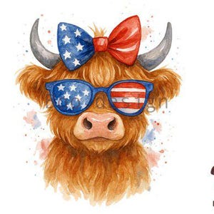 Vache Highland 4ème transfert DTF prêt à presser, transfert de chaleur patriotique, transfert dtf patriotique, conception de tshirt drôle du 4 juillet