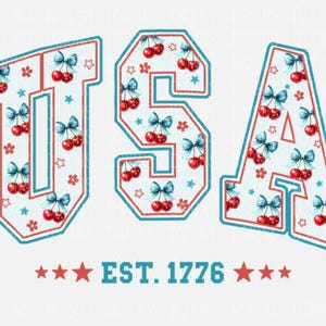 USA Kirsche 4. Juli Amerika 1776 DTF TRANSFERS bereit, Wärmetransfer, retro rot, weiß und blau Design, 4. Juli Shirt Design