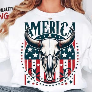 Transfert de DTF de crâne de vache américain prêt à presser le transfert de chaleur, transfert patriotique de dtf, conception drôle de tshirt du 4 juillet