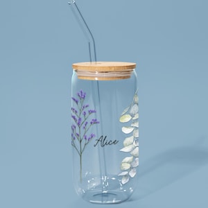 Personalized Flower Glass Can Cup with Name Bamboo Lid and Straw Custom Floral Iced Coffee Tumbler Gift for Her 16oz