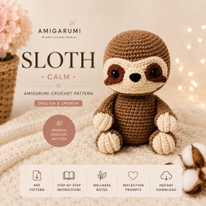 Puede incluir: Un juguete amigurumi de perezoso tejido a ganchillo en marrón y crema con ojos oscuros. El texto dice: AMIGARUMI MINDFUL CROCHET PATTERNS, SLOTH CALM, AMIGARUMI CROCHET PATTERN, ENGLISH & SPANISH, MINDFUL CROCHET PATTERN, PDF PATTERN, STEP-BY-STEP INSTRUCTIONS, WELLNESS NOTES, REFLECTION PROMPTS, INSTANT DOWNLOAD.