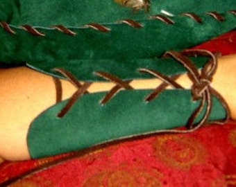 Child's Robin Hood Wrist Guards / Bracers- Hunter Green Suede, Brown Laces