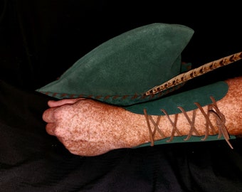 Robin Hood Hat, Wrist Guards - Hunter Suede, Chocolate Trim