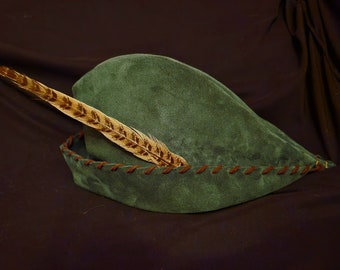 Child's Robin Hood Hat - Hunter Green Suede, Brown Trim