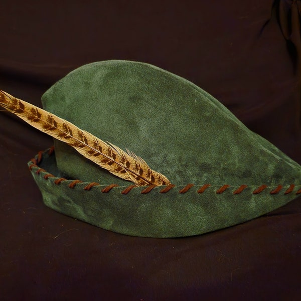 Child's Robin Hood Hat - Hunter Green Suede, Brown Trim