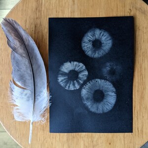 Puede incluir: Una tarjeta negra con cuatro círculos blancos en ella. Los círculos están dispuestos en un patrón y se asemejan a hongos. Una pluma gris y blanca está sobre una superficie de madera junto a la tarjeta.