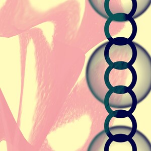 May include: Abstract digital art with a pale yellow background and pink, flowing shapes. A vertical chain of dark blue circles is centered on the right side, with large, blurred, light blue spheres behind it.