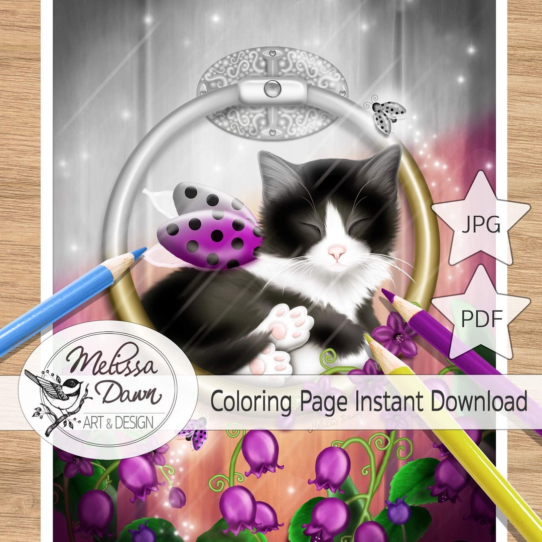 Cat Coloring Page / Spring Page / Coloring Page Download / Grayscale ...
