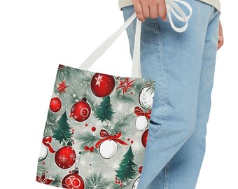 Red Christmas Ornaments Pattern Tote Bag | Holiday Tree Baubles All-Over Print