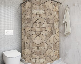 Geometric Wood Tile Pattern Shower Curtain | Rustic Neutral Bathroom