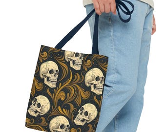 Skull Flourish Tote Bag | Gothic Skull Pattern, Dark Baroque Swirls