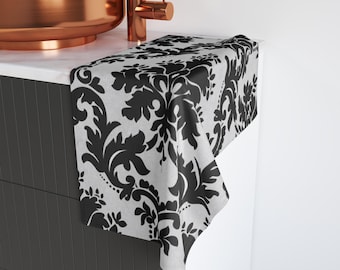 Floral Damask Hand Towel, Elegant Black and White Bathroom Decor
