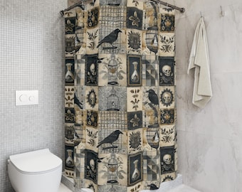 May include: A shower curtain featuring a repeating grid pattern of black and beige panels. The design includes illustrations of black crows, ornate birdcages, human skulls, glass apothecary bottles, and botanical leaf motifs throughout.