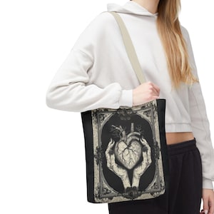 Artistic Heart Tote Bag, Vintage Aesthetic Bag, Gothic Style Shopping Bag, Unique Gift for Art Lovers, Eco-Friendly Canvas