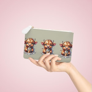Mini bolso de mano con diseño de vaca, ideal para amantes de los animales y del café. Regalo ideal para ella. Elegante cartera y accesorio divertido.