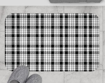 Black and White Plaid Bath Mat, Memory Foam Microfiber, Anti-Slip