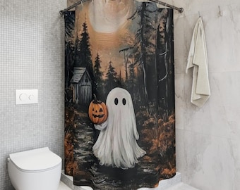 May include: A shower curtain featuring a white ghost holding an orange jack-o'-lantern in a dark forest setting. The scene includes a small wooden cabin, tall trees, and a large moon in the background, rendered in a painterly style with dark tones.