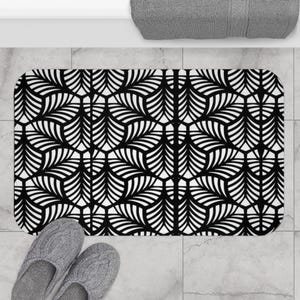 Stylish Black and White Leaf Bath Mat, Modern Bathroom Decor, Spa Gift, Home Accent, Non-Slip Mat, Cozy Vibes