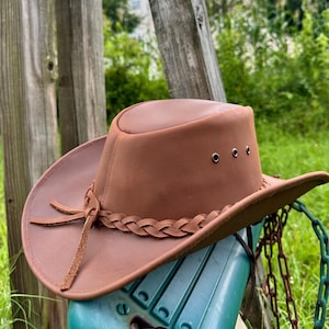 Real Cowhide Leather Cowboy Hat Handmade Brown Western Style Outback Hat for Men&#39;s and Women&#39;s
