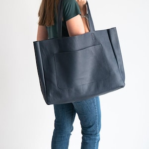 Genuine Leather Cowhide Tote Bag - Premium Large Capacity Navy Blue Color Shoulder Bag for Women's Everyday use Bag