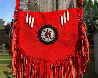Red Handmade Suede Leather Fringe And Beaded Embroidered Purse Native America Crossbody / Shoulder Bag