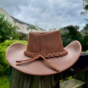 Real Cowhide Leather Cowboy Hat Handmade Brown Western Style Outback Hat for Men's and Women's