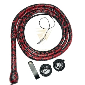 Handcrafted Kangaroo Hide Leather Bullwhip Red Black 08 - 12ft Long 16 Plaits Indiana Jones Style whip
