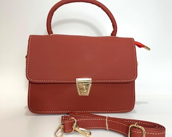 Handmade Red Vegan Leather Handbag: Satchel Crossbody Bag