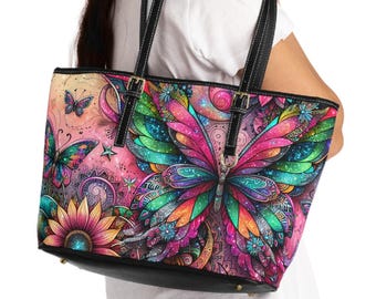 Butterfly Floral Aesthetic PU Leather Shoulder Bag, Nature-Inspired Gift, Pink & Purple Butterfly Purse