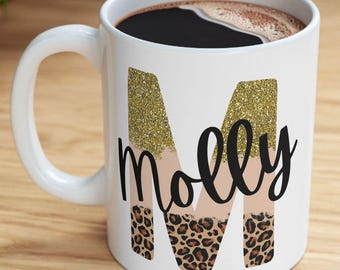 Glitter Leopard Monogramm Tasse | Personalisierte Keramik Kaffeetasse