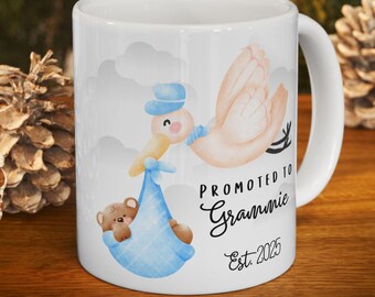 New Grandparent Stork Announcement Mug Promoted to Grammie Nana MeMaw Birth Announcement