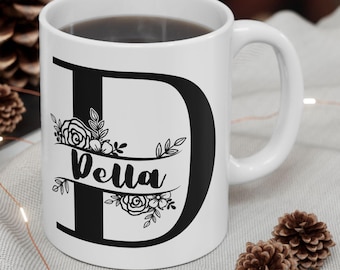Blumenmonogramm Keramiktasse | Personalisierte Initial Tasse, 11oz 15oz