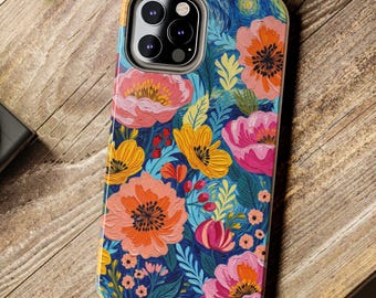 Vibrant Floral Van Gogh Pattern Tough Phone Case | Colorful Poppies on Blue
