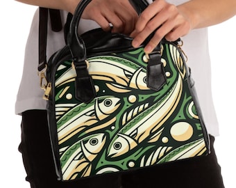 Sardine Print Shoulder Bag: Vegan Leather Boho Tote