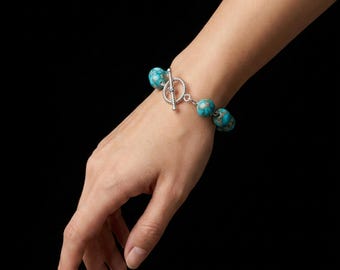 Turquoise Bead Bracelet | Silver Toggle | Blue Beaded Jewelry | Gift for Her | Boho Bracelet