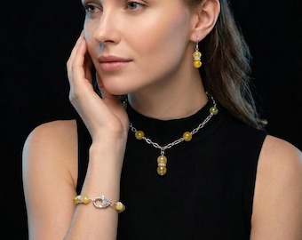 Yellow Gemstone Jewelry Set – Fire Agate Beaded Necklace, Bracelet & Earrings | Elegant Handmade Gift for Her