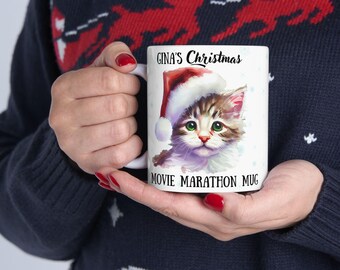 Christmas Movie Marathon Cat Mug, Cat with Santa Hat | Holiday Snowflake Ceramic Mug