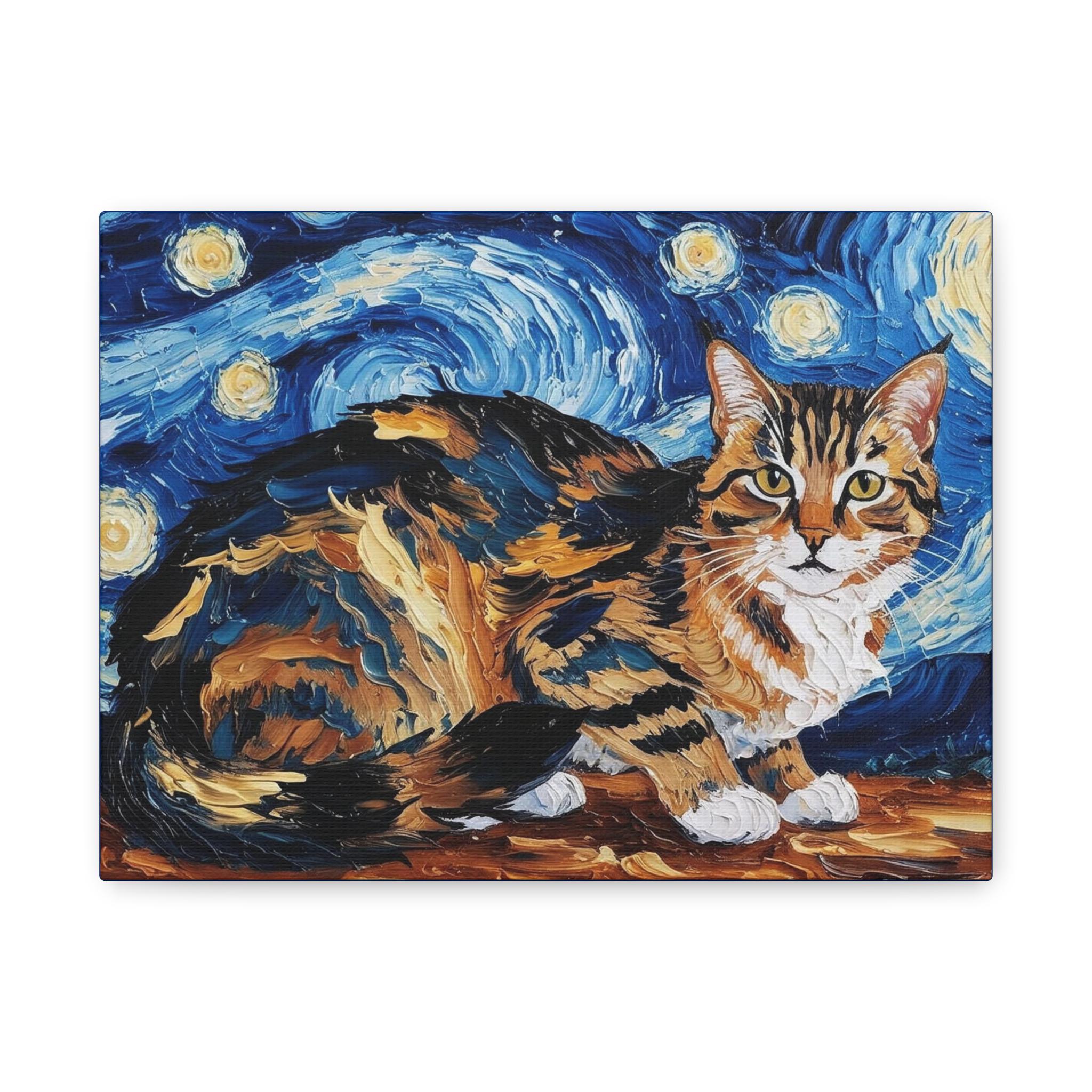 ゴッホの星月夜の猫キャンバスアート：気まぐれな猫好きへのギフト