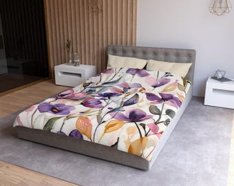 Blue Floral Microfiber Duvet Cover: Lightweight Spring Bedding Set
