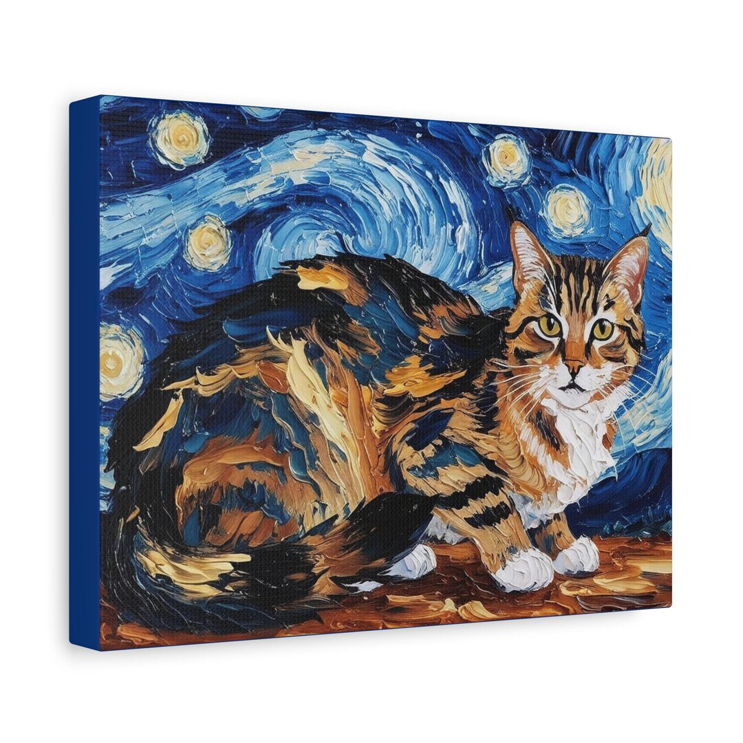 ゴッホの星月夜の猫キャンバスアート：気まぐれな猫好きへのギフト