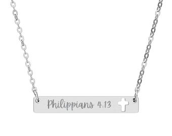 Schrift Ausschnitt Kreuz Bar Halskette, Gravierte Bibel Vers Bar Halskette, Lieblings Bibel Vers Halskette, Geschenk für Mutter, Frau, Tochter