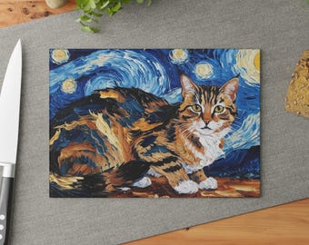 Planche à découper en verre chat Van Gogh : décoration de cuisine artistique