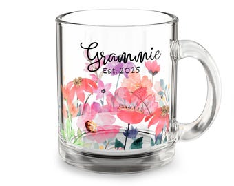 Taza de cristal personalizada para abuela, taza de café floral para Nana, Gigi, Glammy, anuncio de embarazo, regalo personalizado para abuela, regalo para madre