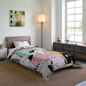 Cute Cat Comforter with Whimsical Design, Cozy Blanket for Cat Lovers, Bedroom Decor, Gift for Animal Lovers, Home Textile